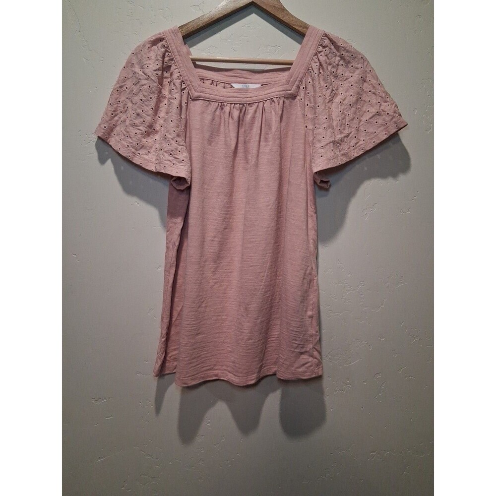 Time and Tru Women's S 4/6 Square Neck Eyelet Lace Flutter Sleeve Pink Top Boho